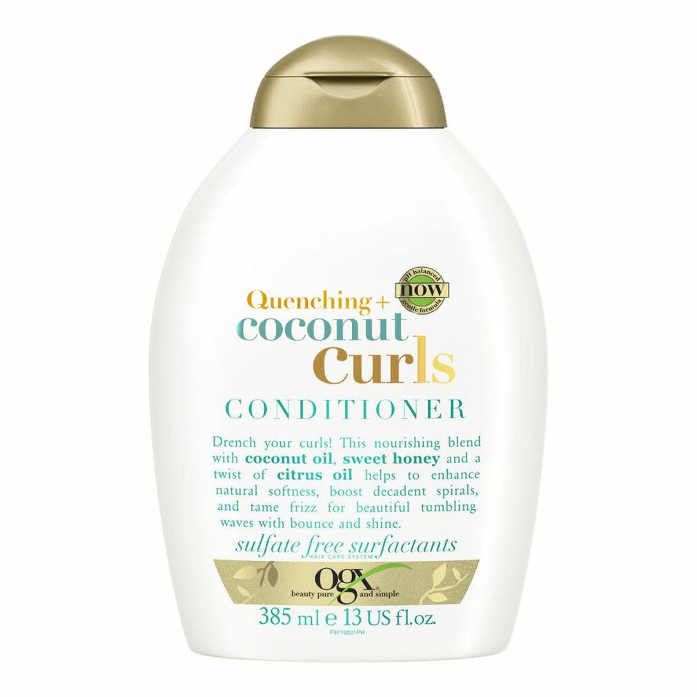 Weiße Flasche mit goldfarbenem Deckel. Aufschrift: Quenching + Coconut Curls Conditioner. 385 ml.