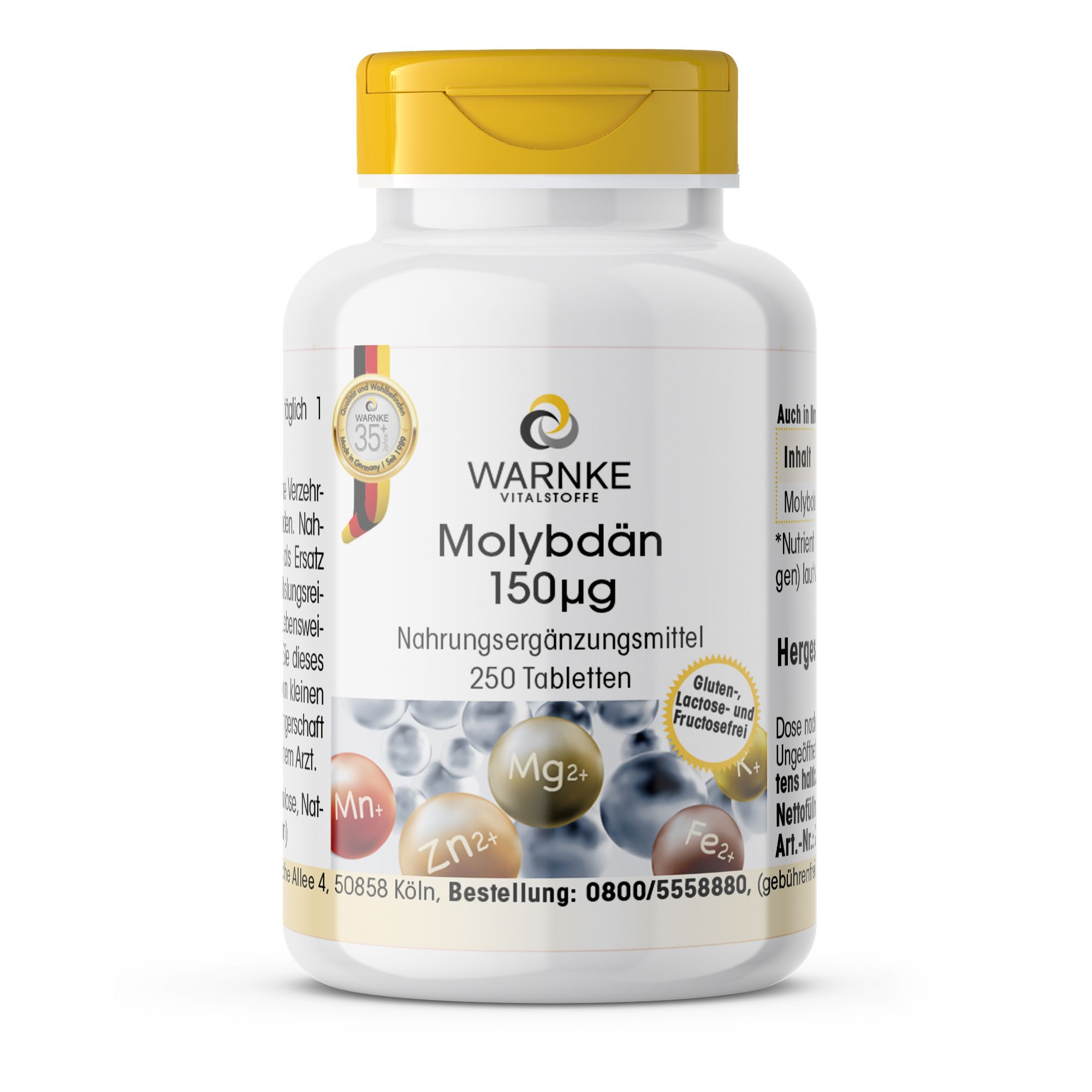 Weiße Flasche mit gelbem Deckel. Aufschrift: Molybdän 150µg, 250 Tabletten. Nahrungsergänzungsmittel. Warnke Vitalstoffe. Mit Zertifizierung.