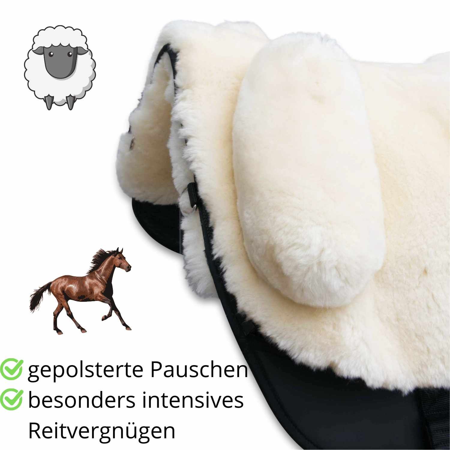 Baumloser Sattel mit Lammfellauflage. Schwarze Unterseite. Text: gepolsterte Pauschen, intensives Reitvergnügen. Schaf- und Pferd-Illustrationen.