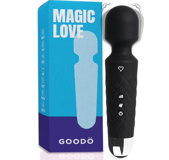 Schwarzer Vibrator mit silbernem Akzent und Verpackung mit der Aufschrift "MAGIC LOVE".