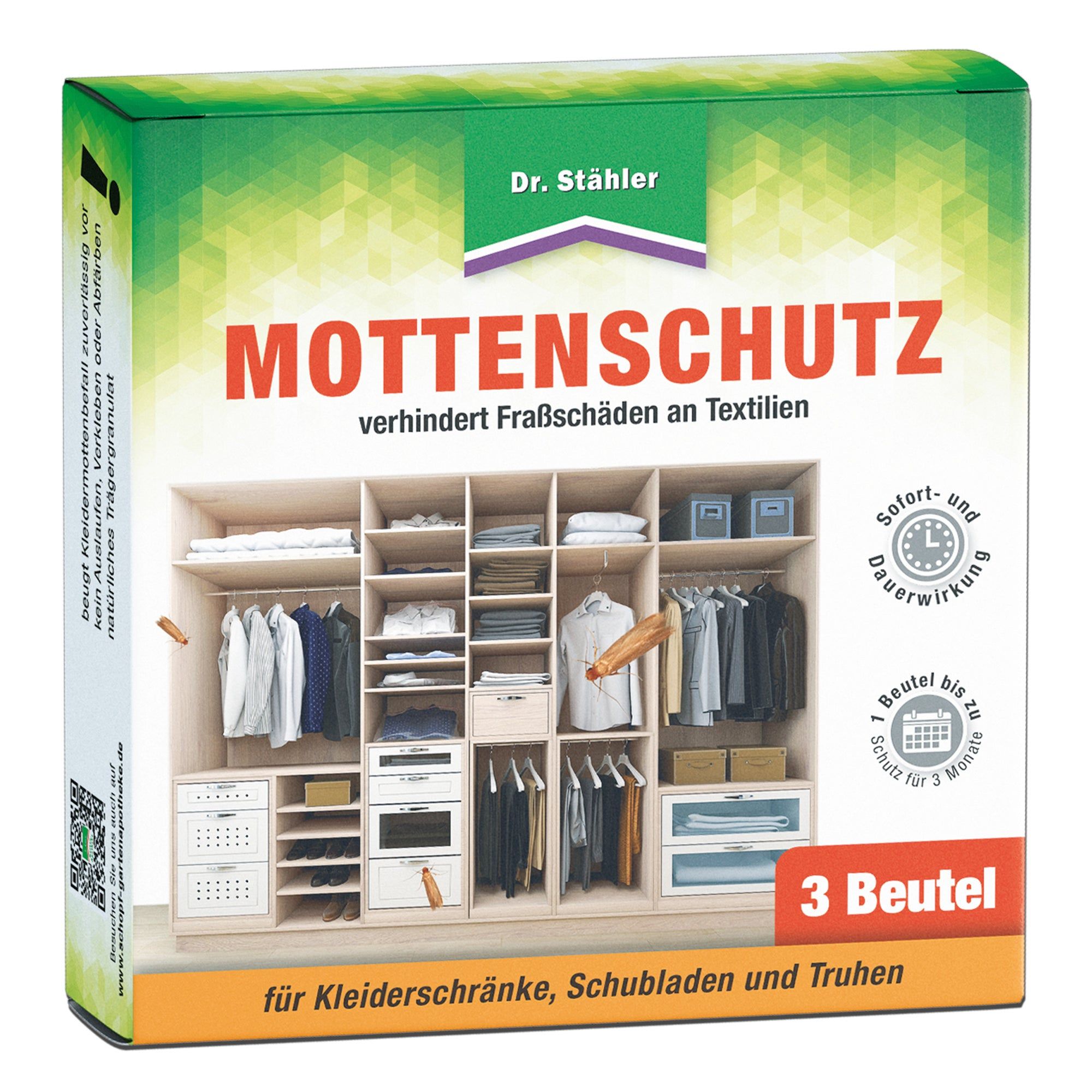 Verpackung von Mottenschutz-Duftbeuteln. Grün-gelbe Schachtel mit Produktnamen und Abbildung eines Kleiderschranks. 3 Beutel.