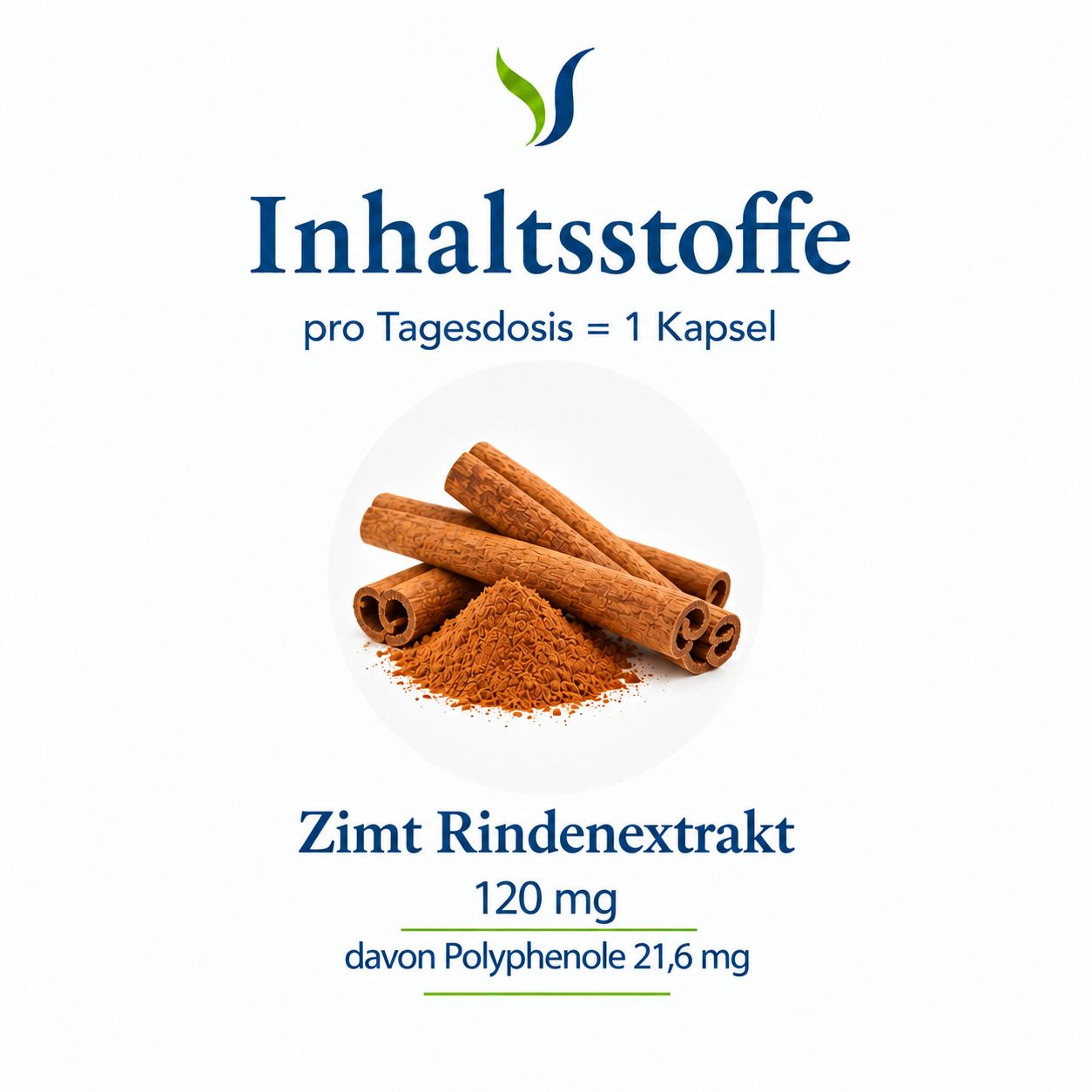 Zimtstangen und Pulver. Text 'Zimt Rindenextrakt 120 mg'.