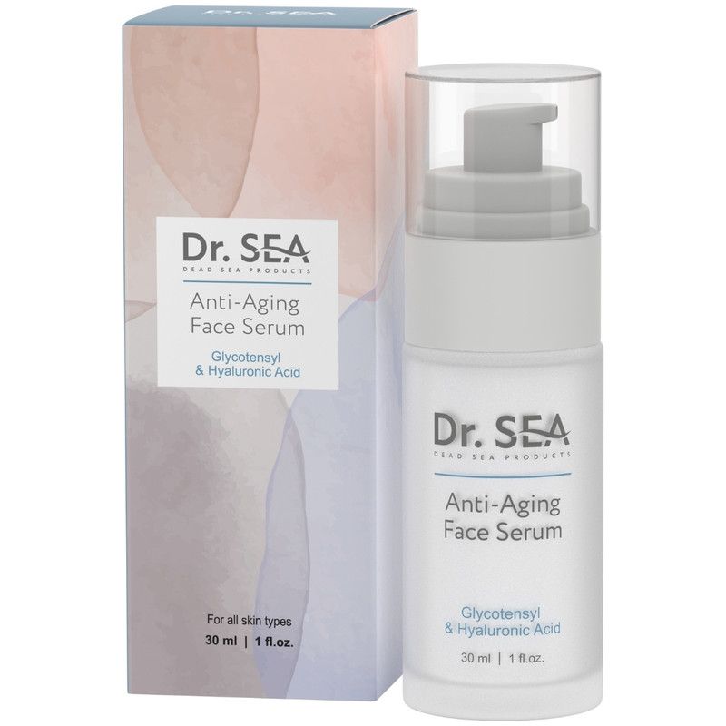 Serumflasche mit Pumpe und Verpackung. Aufschrift: Dr. SEA, Anti-Aging Face Serum, Glycotensyl & Hyaluronsäure.
