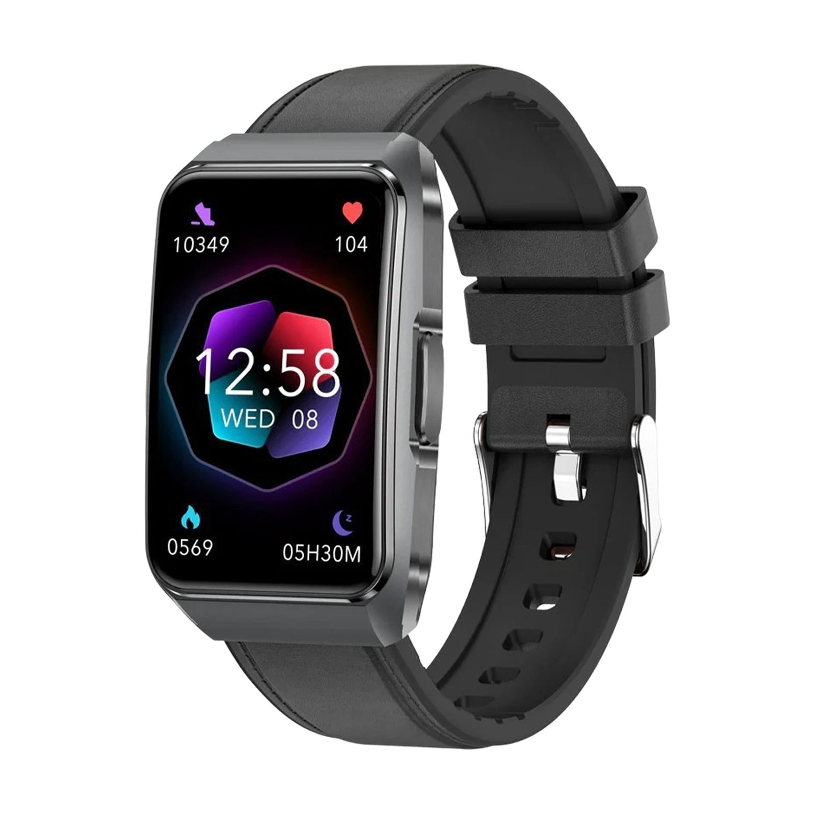 Graue Smartwatch mit schwarzem Armband und digitalem Display, das Uhrzeit und Datum anzeigt.