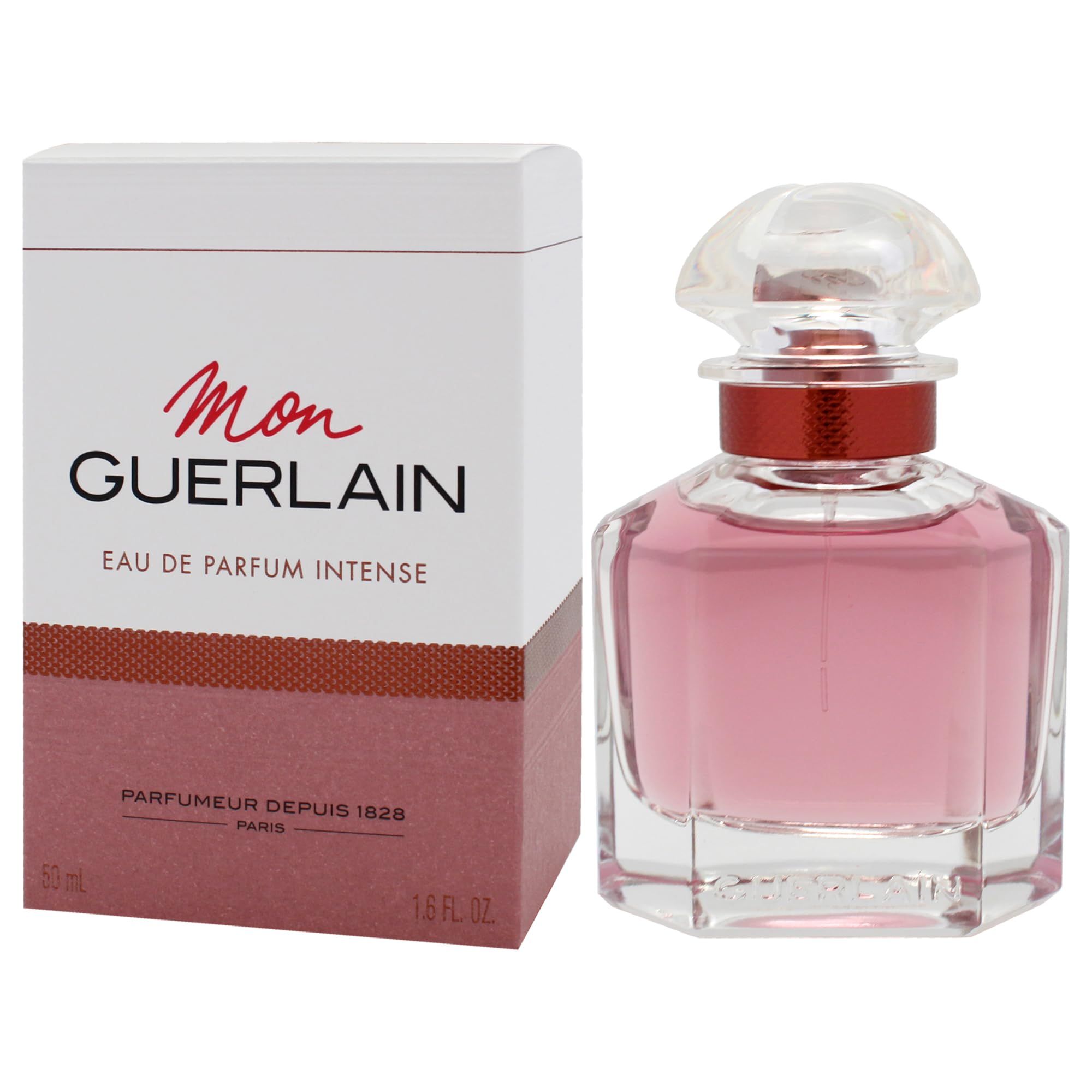 Flakon mit rosafarbenem Inhalt und Verpackung. Aufschrift: Mon Guerlain Eau de Parfum Intense. 50 ml.