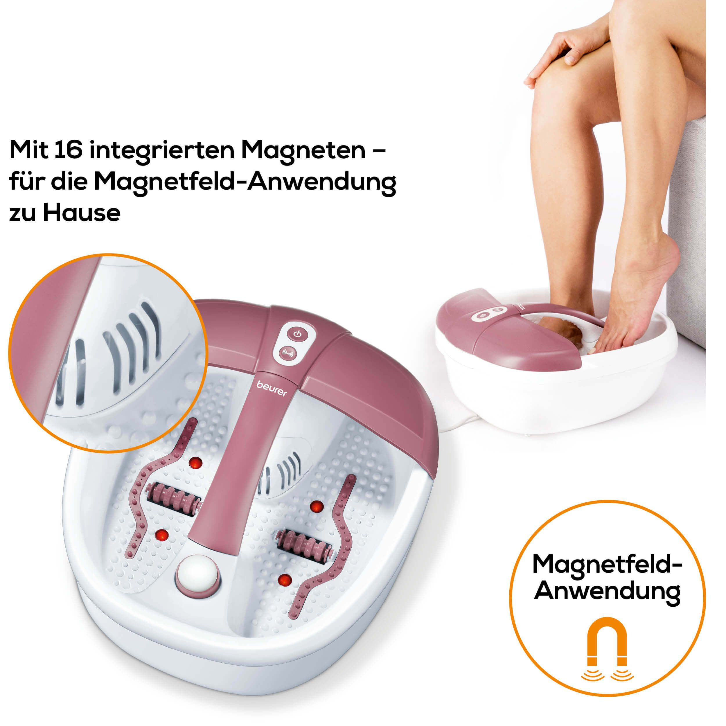 Fußsprudelbad, weiß-rosa, mit Rollen. 16 integrierte Magnete. Magnetfeld-Anwendung. Marke: beurer.