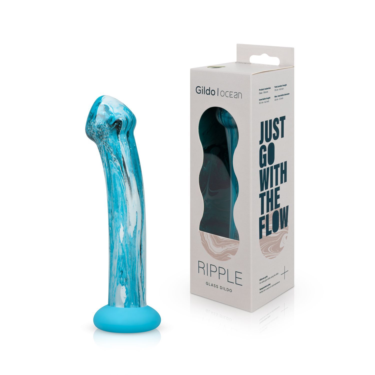 Glasdildo mit blau-weißem Wellenmuster und blauem Sockel. Verpackung mit Produktname und Slogan.