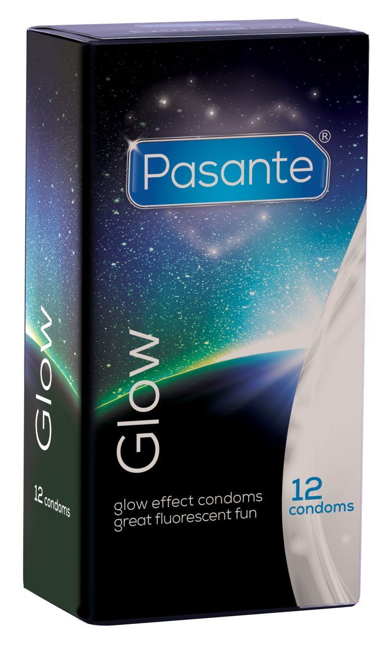 Verpackung von Pasante Glow Kondomen. Enthält 12 Kondome. Aufschrift 'Glow'.