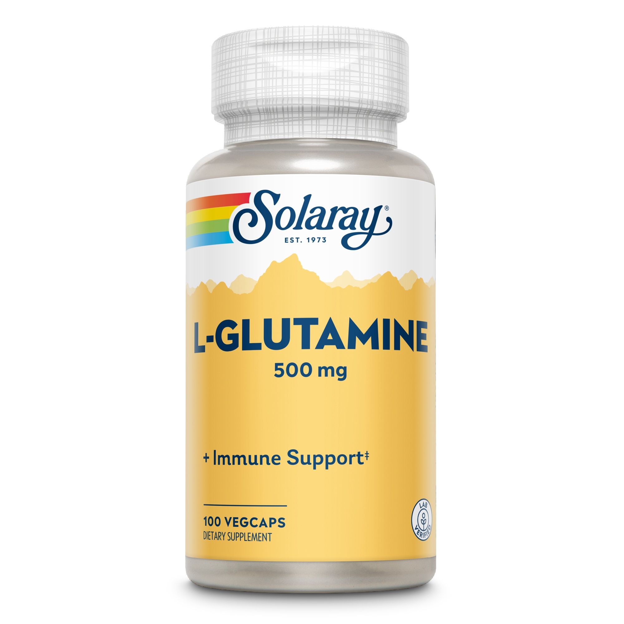 Solaray L-Glutamin 500mg Flasche. Weißer Deckel, gelbes Etikett. Text: L-Glutamin, Immune Support, 100 Vegicaps.