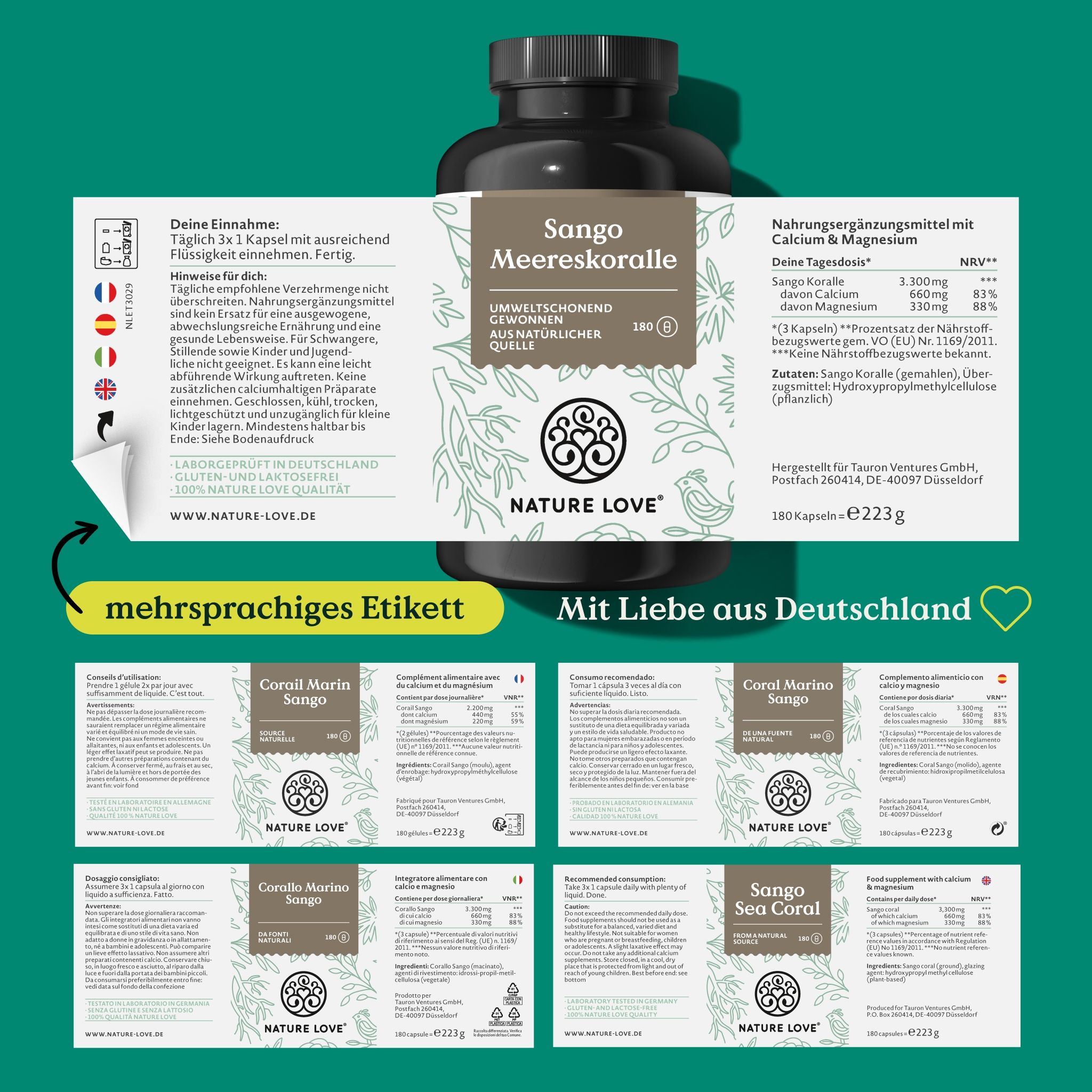 Produktverpackung mit geöffnetem, mehrsprachigem Etikett. Zusätzliche Etiketten in verschiedenen Sprachen.