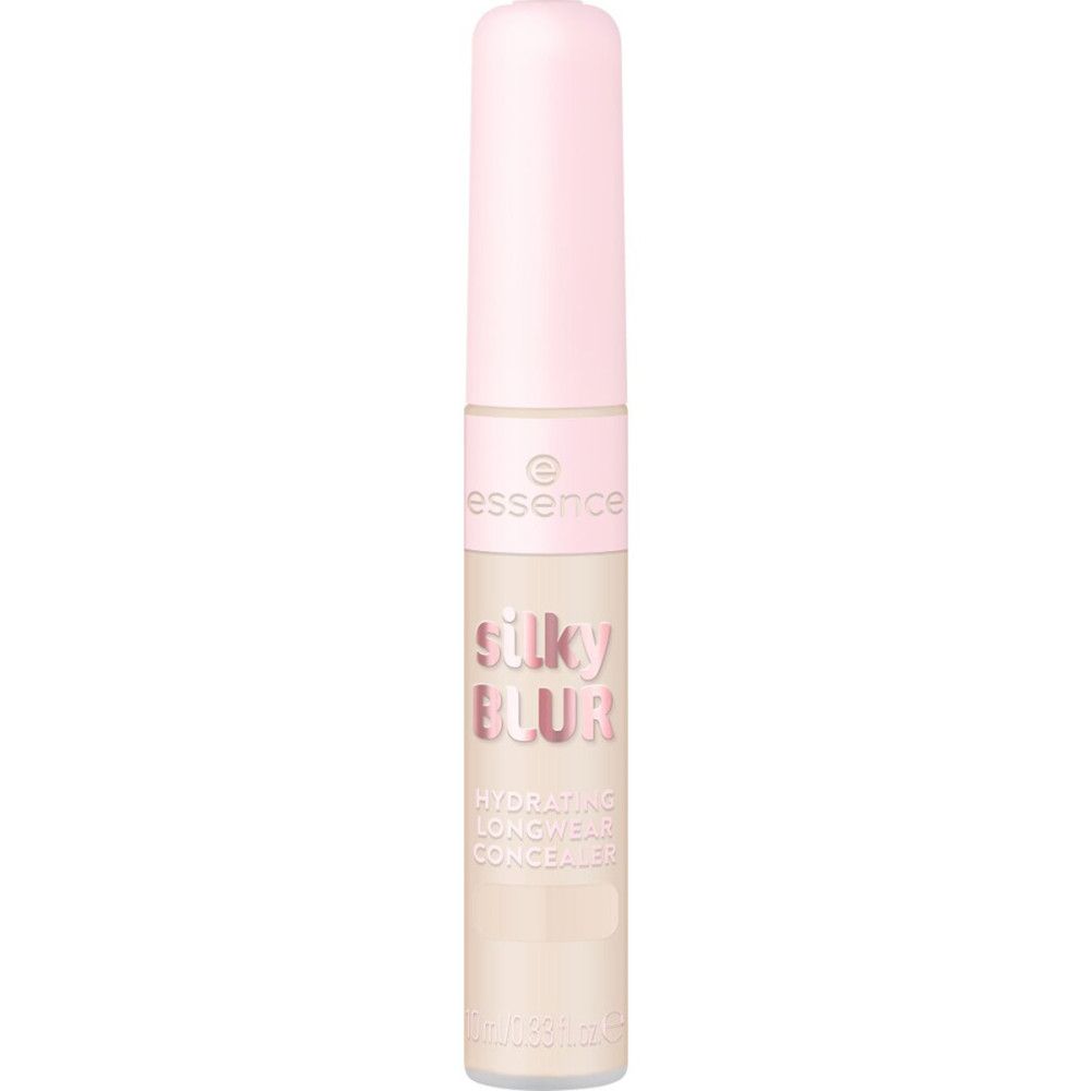 Concealer-Tube mit rosa Deckel. Aufschrift: Silky Blur, Hydrating Longwear Concealer. Marke: Essence.
