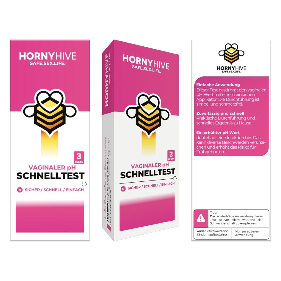 Mehrere Ansichten der Verpackung "Horny Hive Vaginaler pH Schnelltest". Rosa, weiß und graues Design. Logo und Text sichtbar.