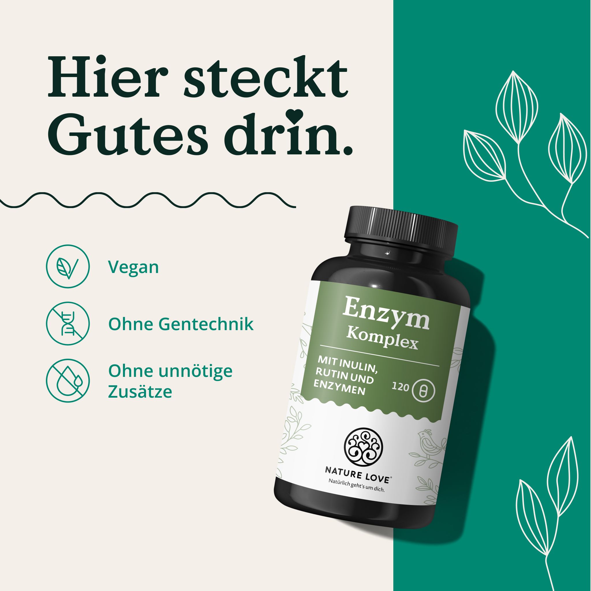 Flasche mit NATURE LOVE Enzym Komplex, 120 Stk. Vegan, Ohne Gentechnik.