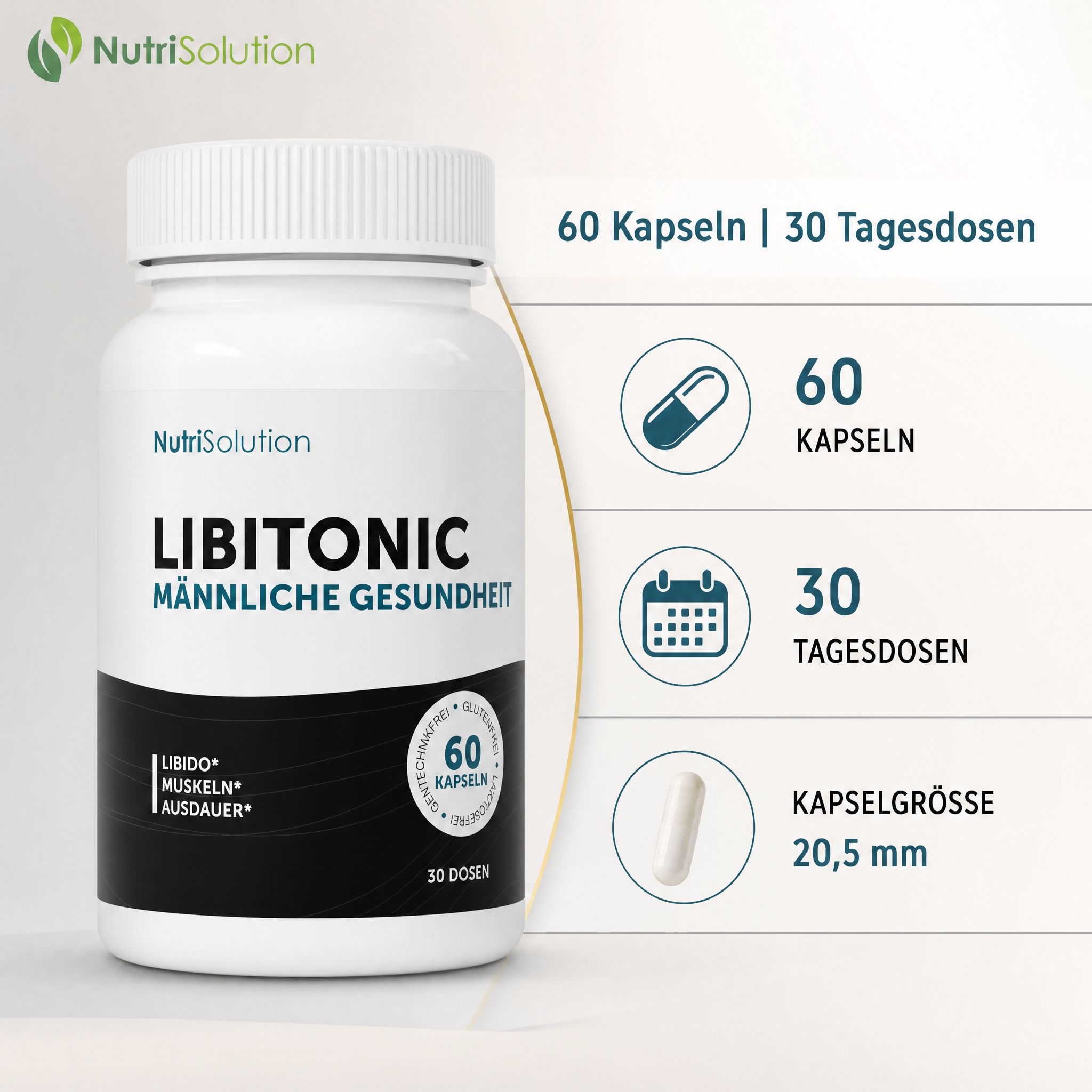 NutriSolution LibiTonic: 60 Kapseln, 30 Tagesdosen, Kapselgröße 20,5 mm.