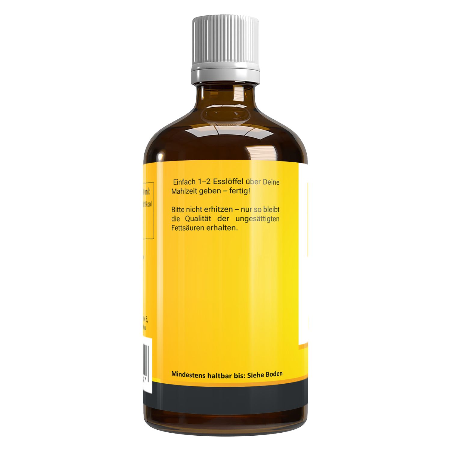 Rückseite der braunen Glasflasche. Gelbes Etikett mit Text. Text: 1-2 Esslöffel über Mahlzeit geben. Mindestens haltbar bis: Siehe Boden.