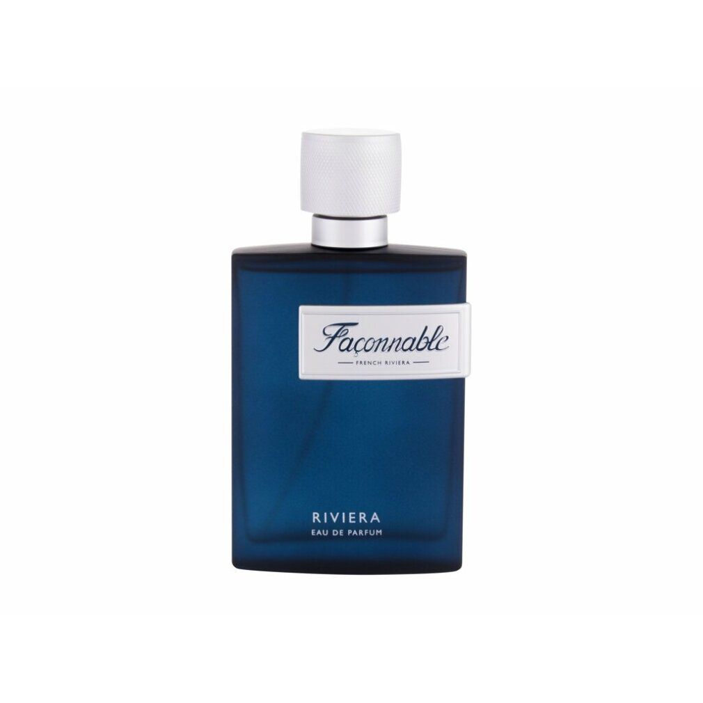 Dunkelblaue Flasche mit silbernem Verschluss. Aufschrift: Façonnable Riviera Eau de Parfum.