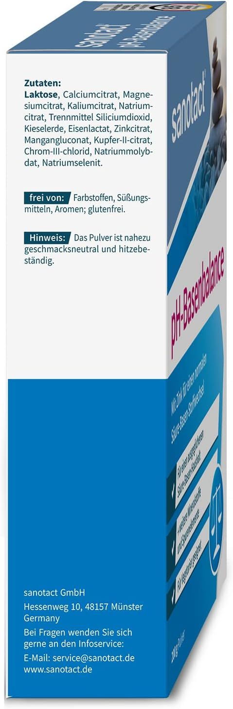 Seitenansicht der sanotact pH-Basenbalance Pulver-Verpackung. Enthält Zutatenliste, Warnhinweise und Kontaktinformationen des Herstellers.