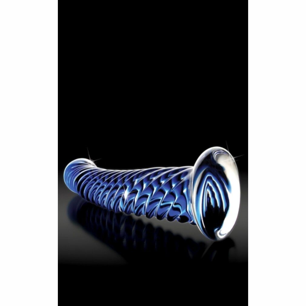 Blauer Glasdildo mit Schuppenmuster. Auf schwarzem Hintergrund, von unten fotografiert.