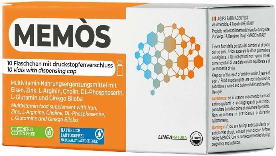 Produktverpackung von Memos Tabletten. Enthält 10 Fläschchen mit Druckstopfenverschluss. Text: 'Multivitamin-Nahrungsergänzungsmittel'. Glutenfrei, laktosefrei.