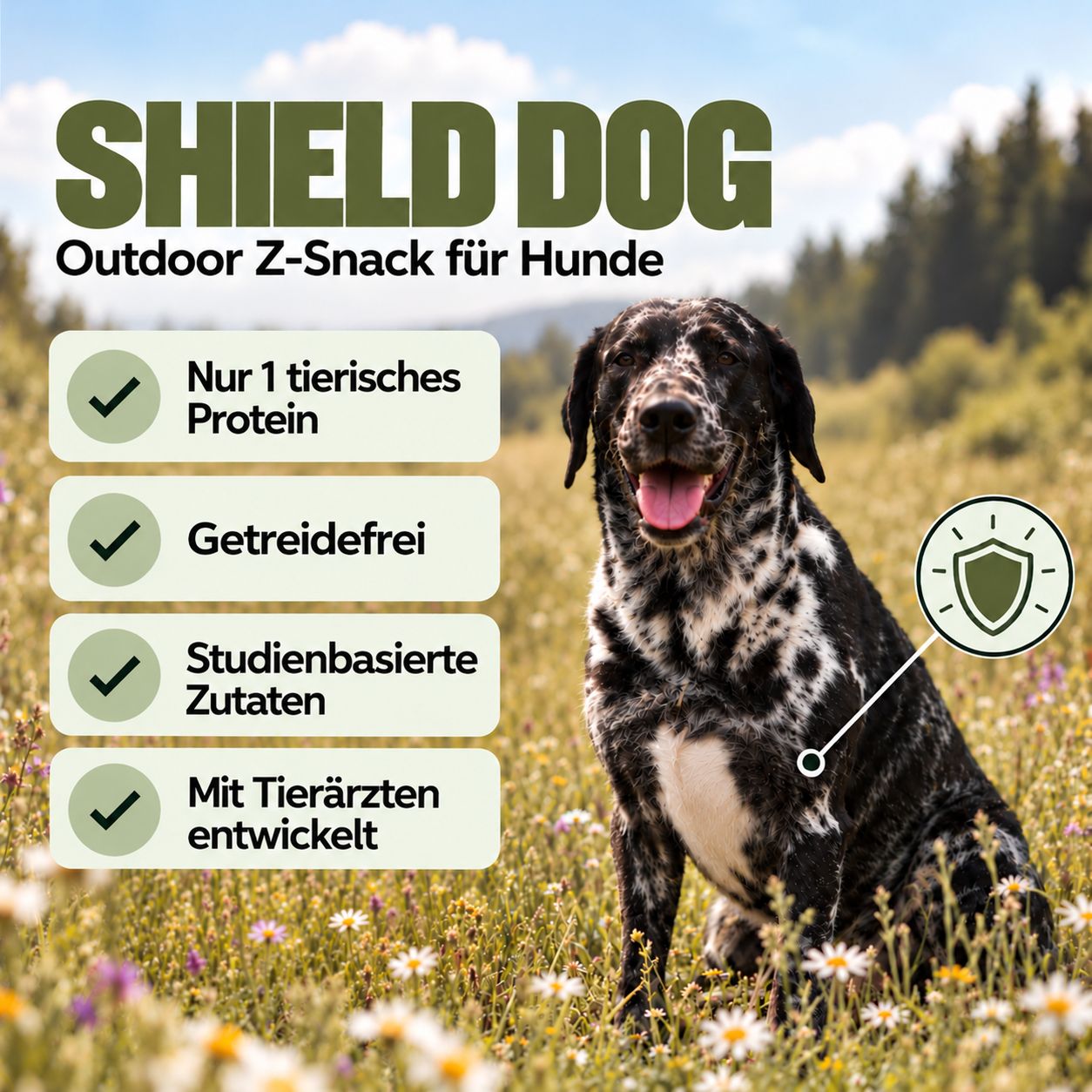 Shield Dog: Outdoor Z-Snack für Hunde. Nur 1 tierisches Protein, getreidefrei, studienbasierte Zutaten. Von Tierärzten entwickelt.