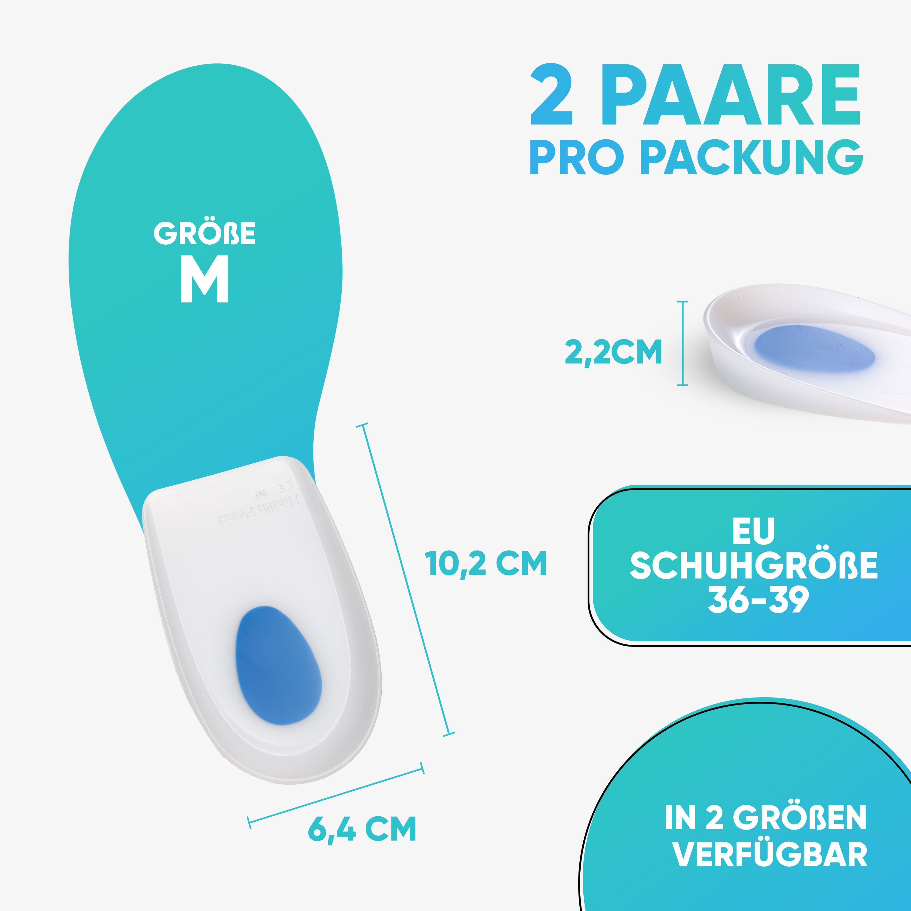 Produktabbildung mit Größenangaben. Ein Fersenpolster mit blauer Einlage, daneben Größenangaben in cm und Schuhgröße 36-39.