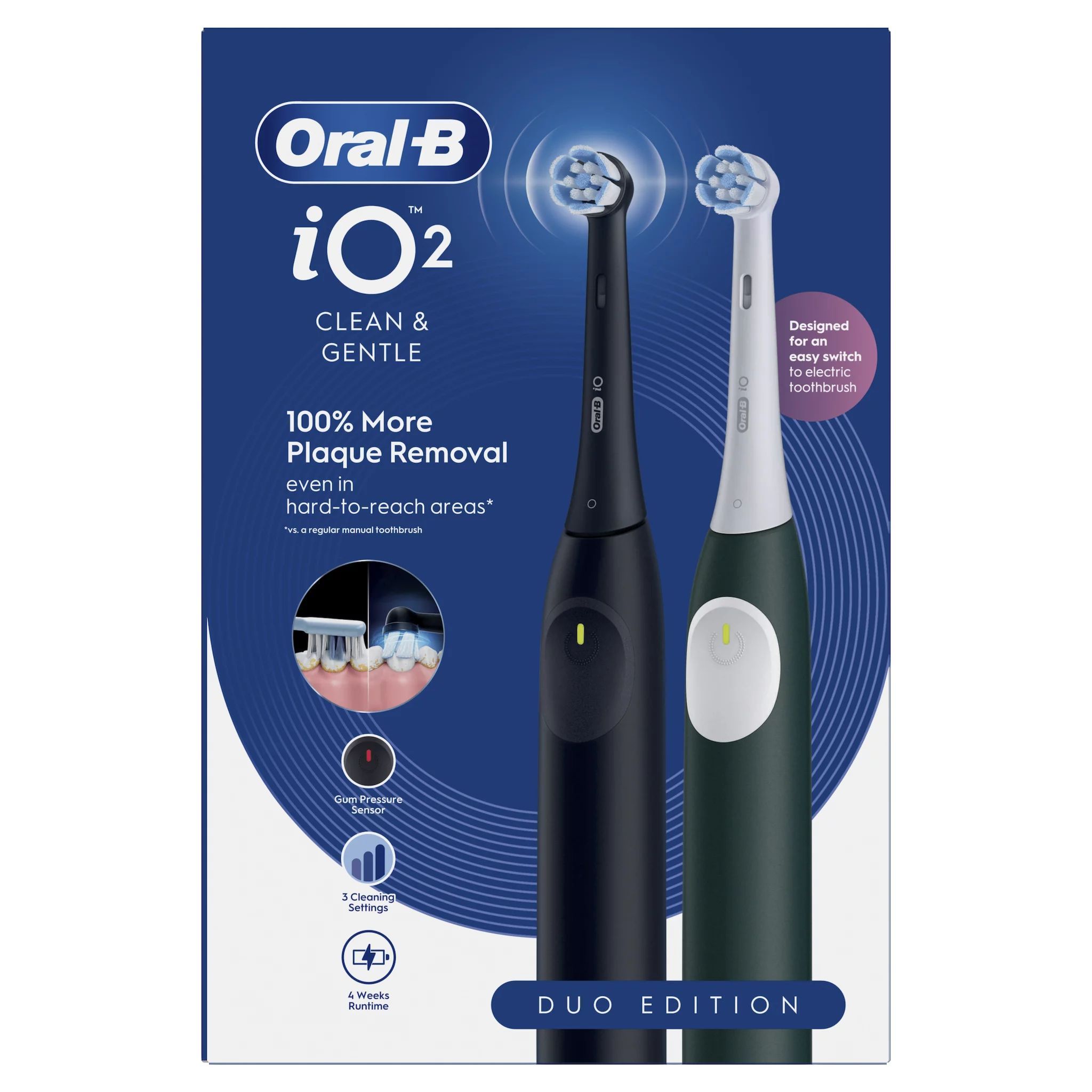 Oral-B iO 2 Duo Edition elektrische Zahnbürsten: eine schwarze, eine grüne. Packung zeigt Plaque-Entfernung und Reinigungsmodi.
