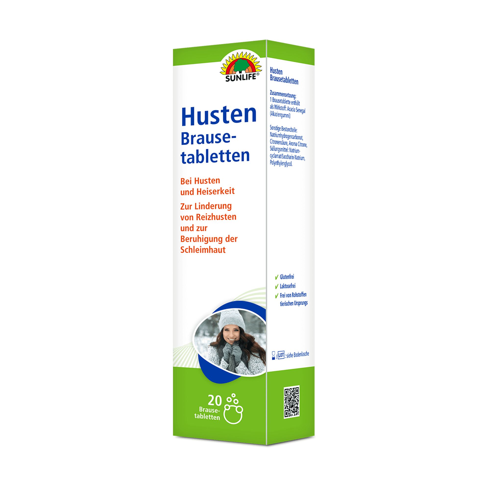 Grüne und weiße Schachtel mit SUNLIFE-Logo und Husten Brausetabletten. Enthält 20 Brausetabletten. Abbildung einer Frau im Winter.