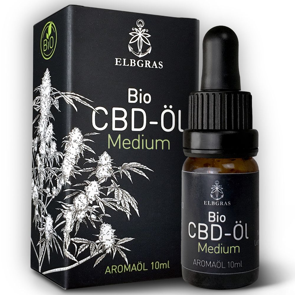 Elbgras Bio CBD Öl Medium 10ml Flasche mit Pipette und Umverpackung.