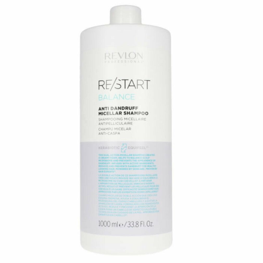 Weiße Flasche Revlon Re-Start Balance Anti-Schuppen Micellar Shampoo. Text: Anti-Schuppen, 1000 ml/33.8 fl oz.