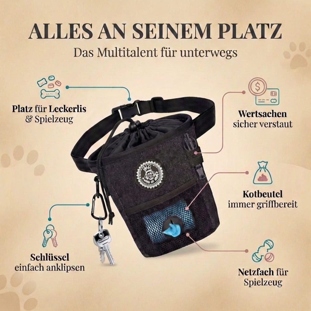 Schwarzer Futterbeutel mit Zubehör. Text: Alles an seinem Platz. Platz für Leckerlis, Kotbeutel, Schlüssel, etc.