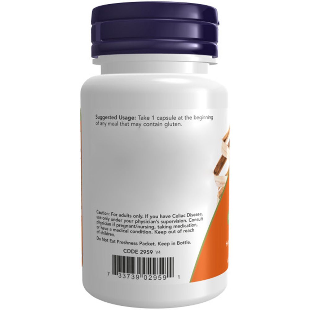 Weiße Flasche mit blauem Deckel. Etikett mit Text: NOW FOODS, Gluten Digest. Barcode unten. Empfohlene Anwendung und Vorsichtshinweise.