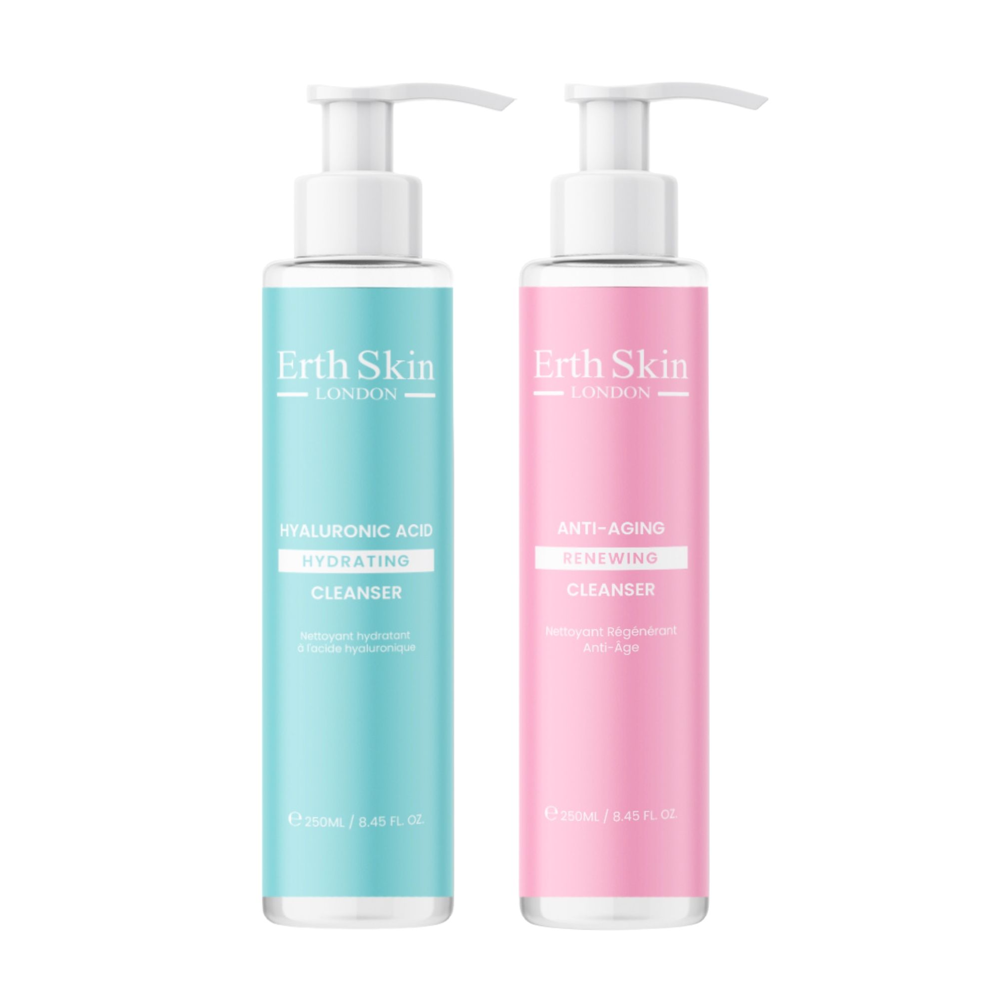 Zwei Flaschen mit Pumpverschluss. Aufschrift: Erth Skin London. Eine Flasche blau, eine rosa. Aufschrift: Hyaluronsäure, Anti-Aging.