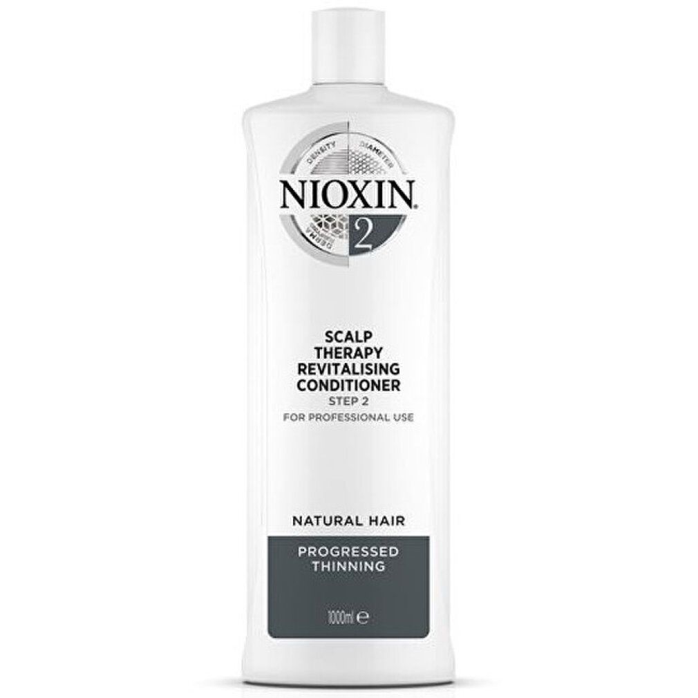 Weiße Flasche mit Nioxin-Logo. Aufschrift: Scalp Therapy Revitalising Conditioner, Step 2. Für professionelle Anwendung. Volumen: 1000ml.
