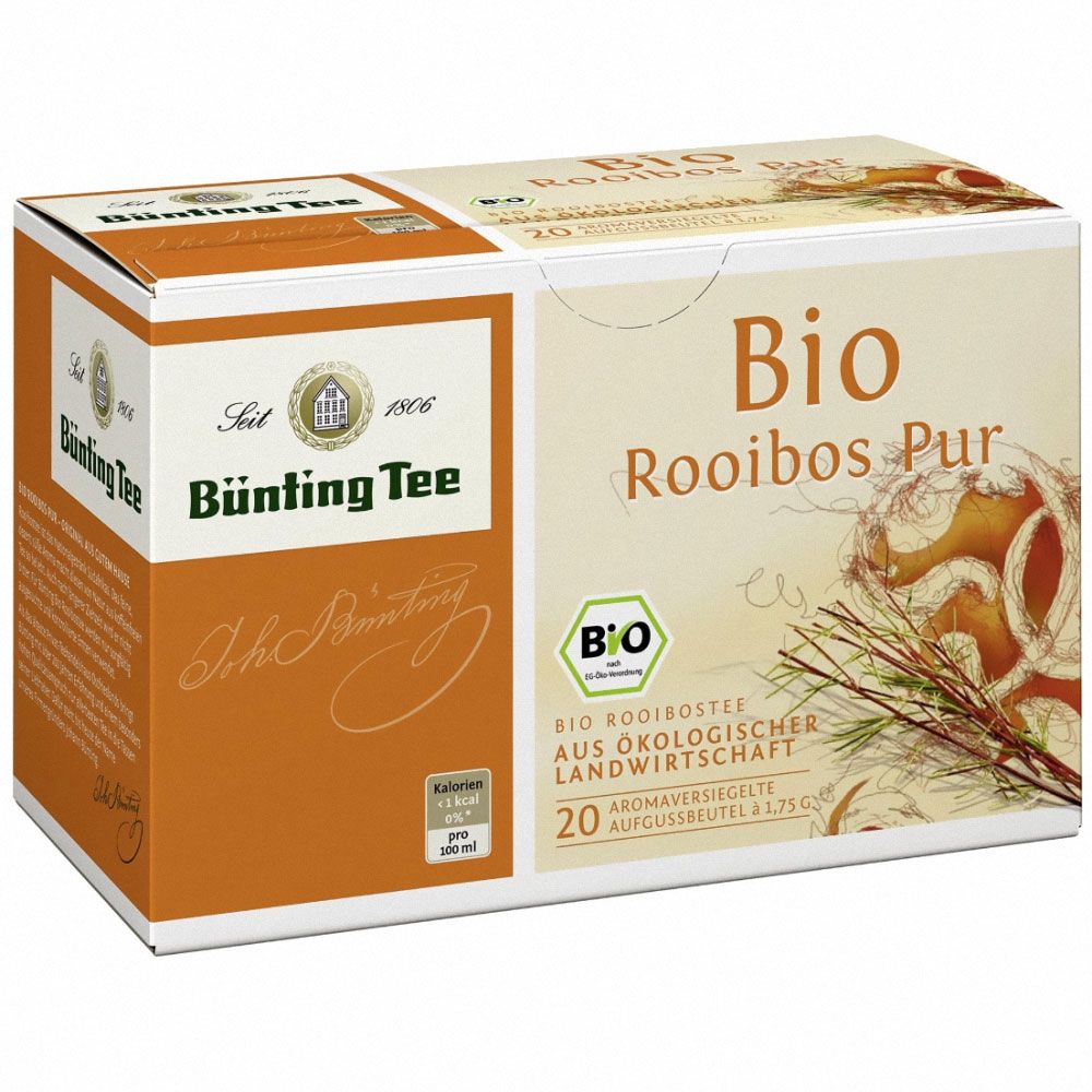 Karton Bünting Tee Bio Rooibos Pur. Enthält 20 Aufgussbeutel. Mit Bio-Siegel. Aufschrift: Bio Rooibos Tee aus ökologischer Landwirtschaft.