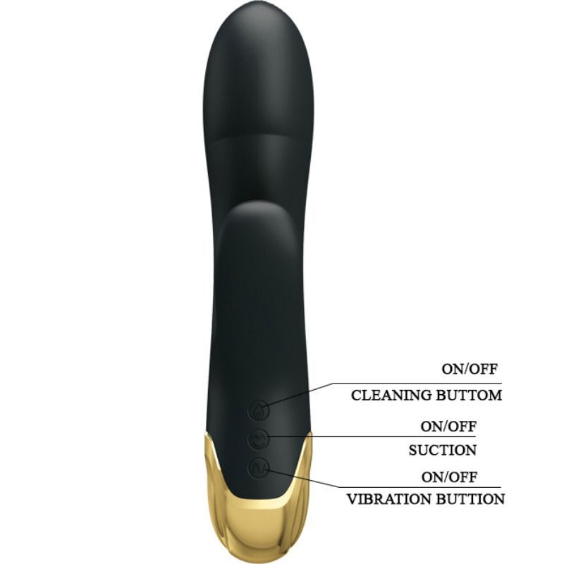 Schwarzer Vibrator mit goldfarbenem Ende. Knöpfe für Ein/Aus, Reinigung, Sog und Vibration.