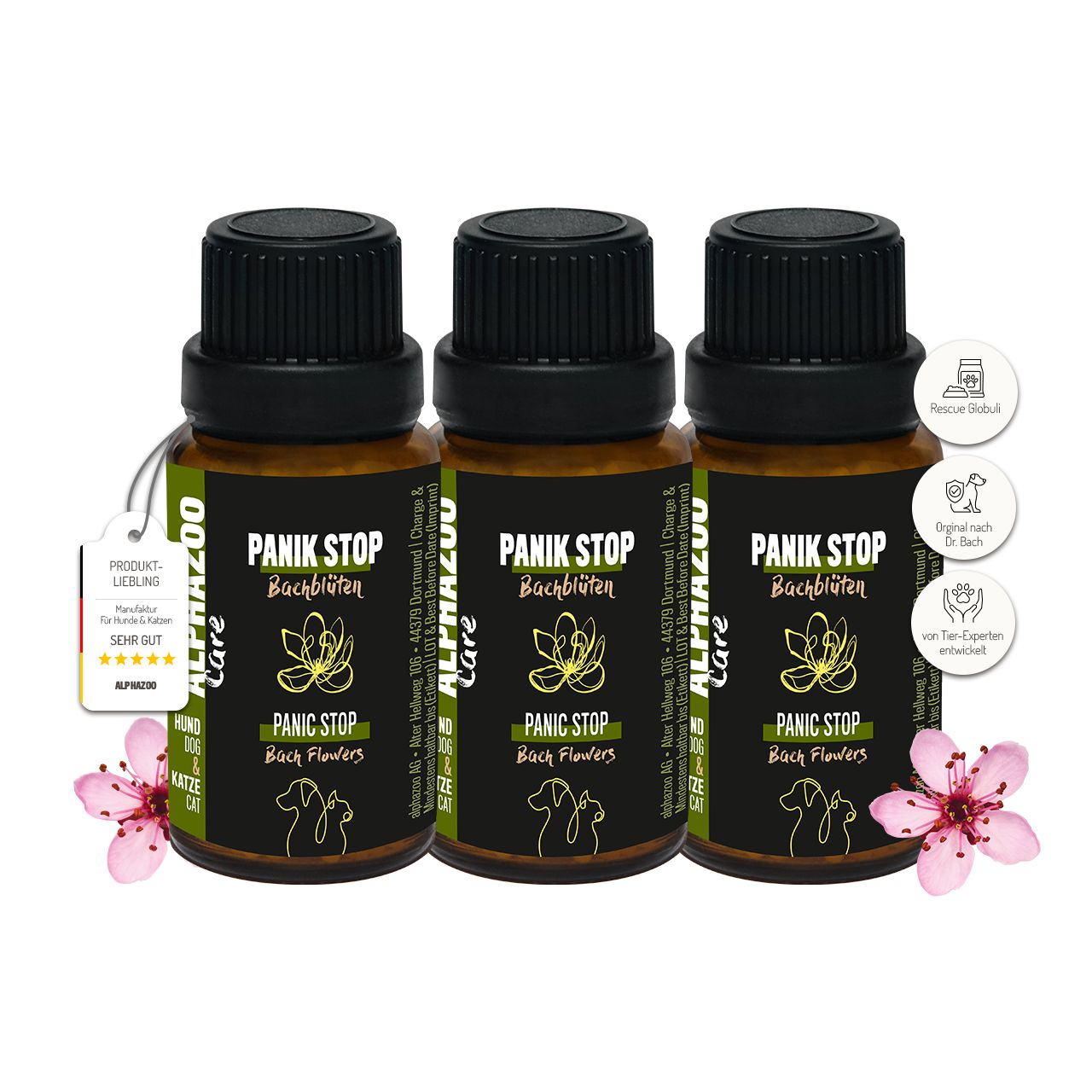 Drei Flaschen "PANIK STOP Bachblüten" mit schwarzen Deckeln und Etiketten, die Blumen und Hunde zeigen.