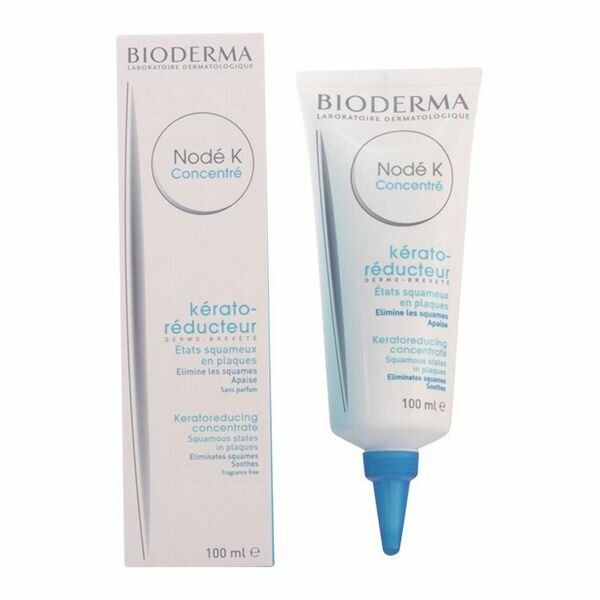 BIODERMA Node K Concentré. Tube und Verpackung. Weiß, blaue Spitze. Text: Node K Concentré, kérato-réducteur, 100 ml.