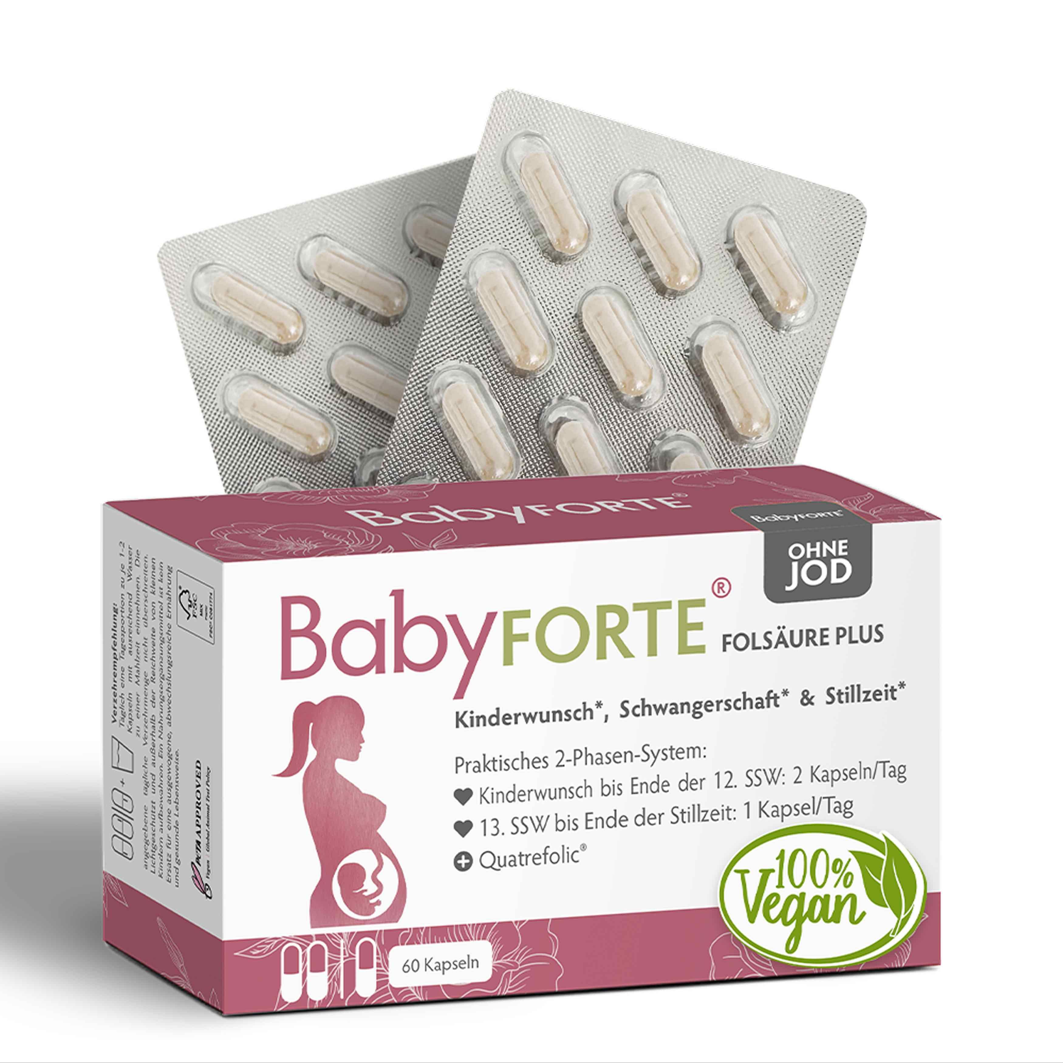 BabyFORTE® Packung mit Kapseln. Text: Folsäure Plus OHNE JOD, 2-Phasen-System, 60 Kapseln, 100% Vegan.