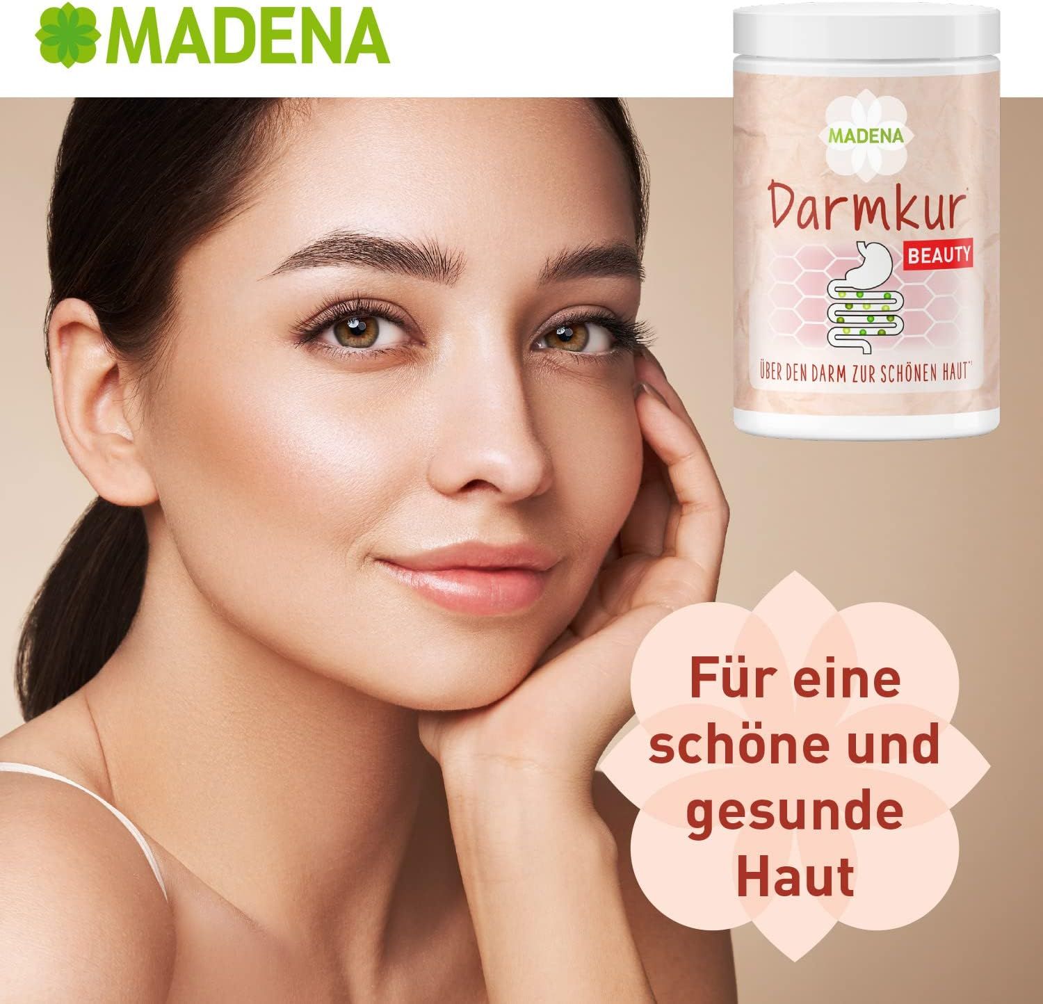 MADENA Darmkur Beauty-Dose. Text: Für eine schöne und gesunde Haut. Frau mit gesunder Haut.