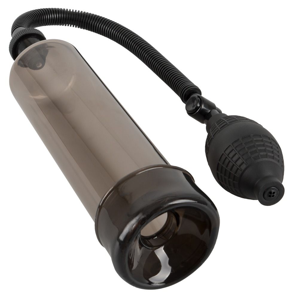 Zylinderpumpe mit Pumpball. Schwarzer Zylinder mit Öffnung. Flexibler Schlauch und Pumpball.