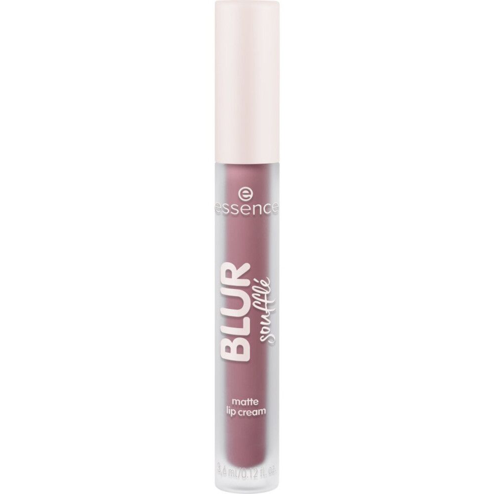 Lippencreme-Tube mit weißem Deckel. Aufschrift "essence BLUR soufflé matte lip cream". Farbton: Rosa.