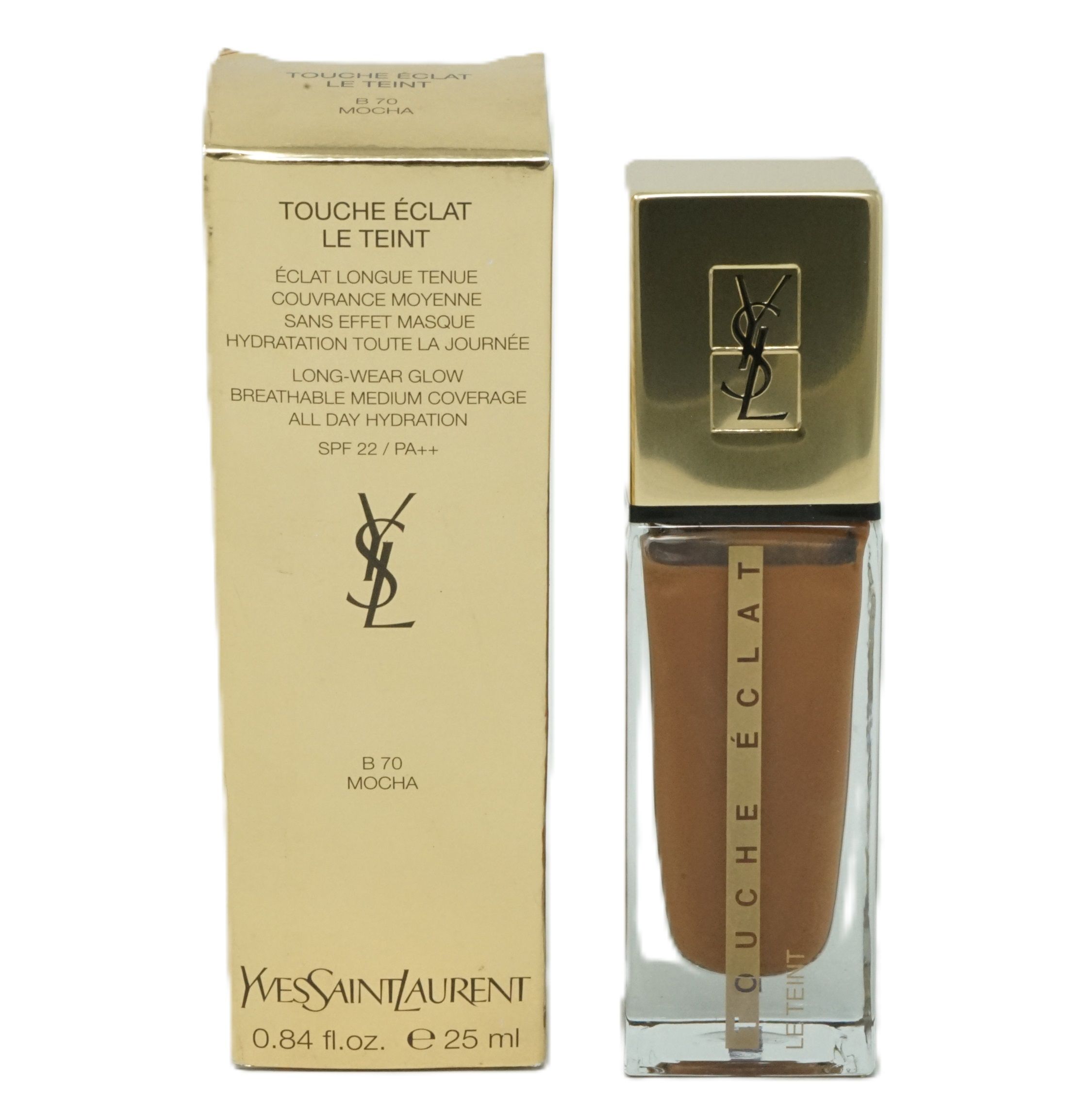 Foundation-Flakon und Verpackung. Goldfarbener Deckel, transparente Basis, Schriftzug. Verpackung mit Text: B70 Mocha, 25 ml.