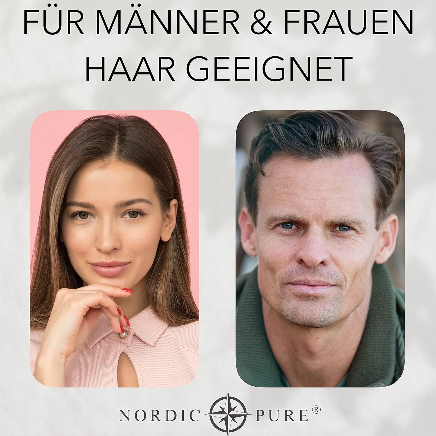 Zwei Gesichter, Frau und Mann. Text: Für Männer & Frauen Haare geeignet. Nordic Pure Logo.