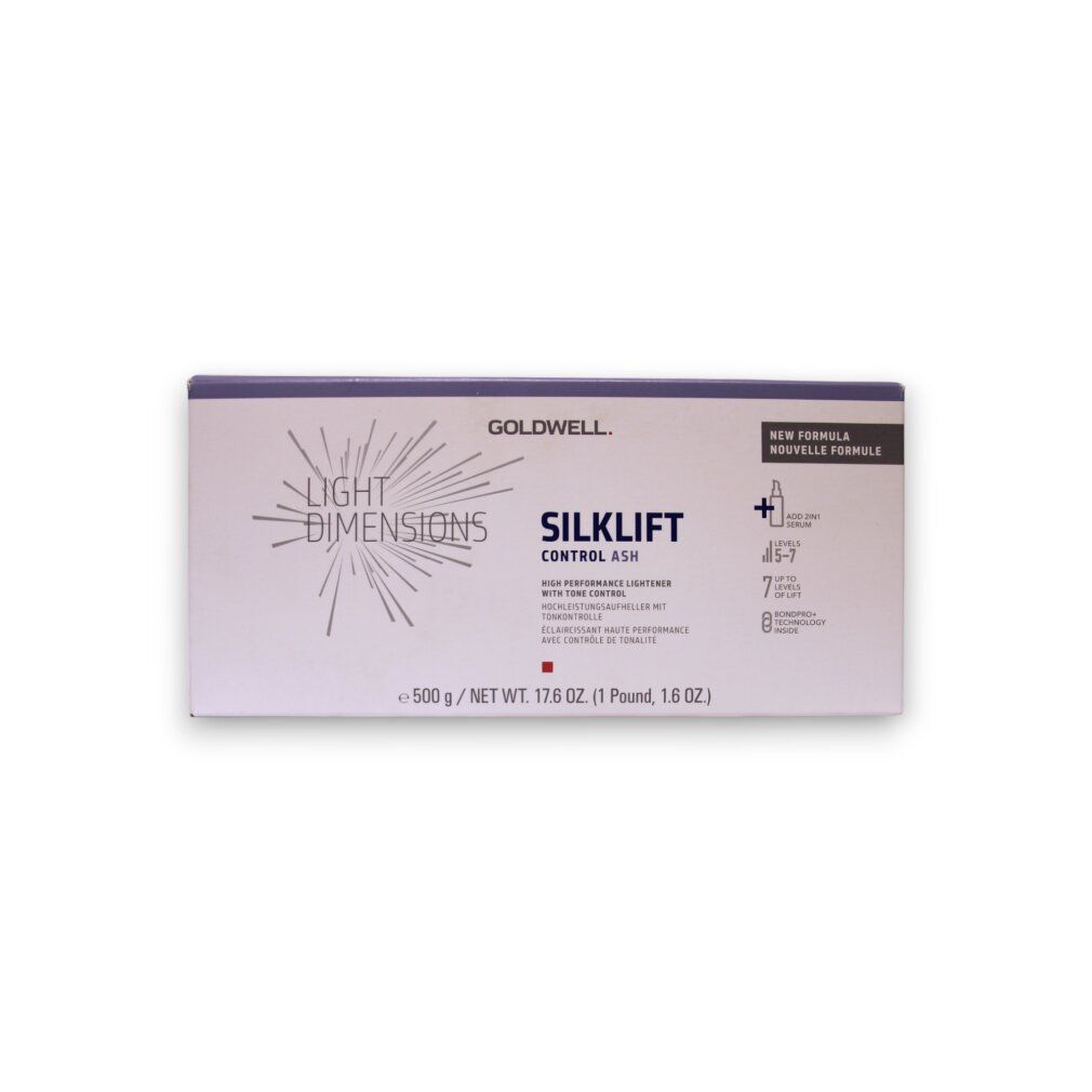 Goldwell Silk Lift Haar-Oxidationsmittel-Pulver-Packung. Weiße Schachtel mit lila Akzenten. Produktname und Informationen sind aufgedruckt.