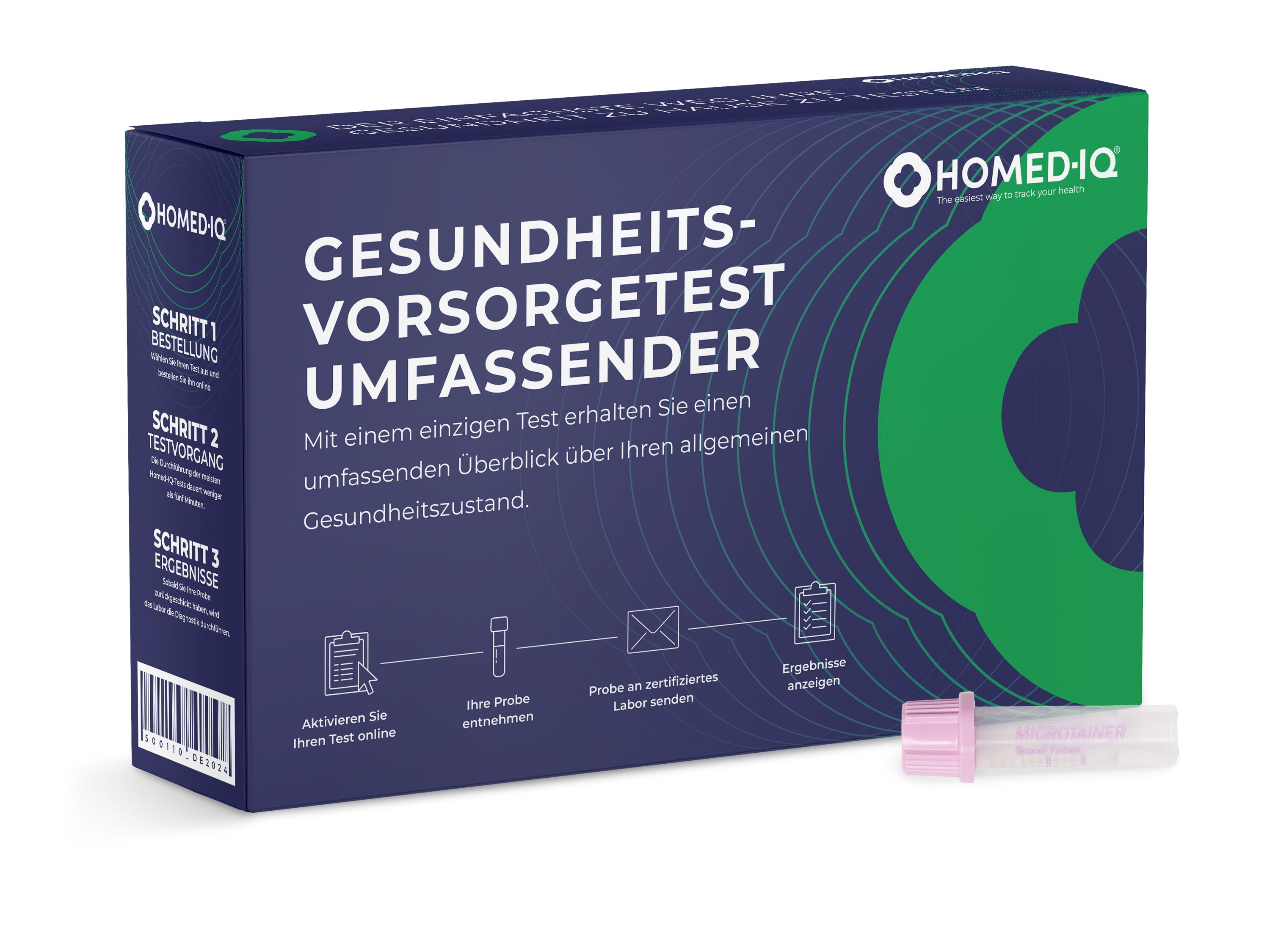 Blau-grüne Verpackung des Homed-IQ Gesundheits-Vorsorgetests. Enthält Teströhrchen. Text: Gesundheits-Vorsorgetest, Homed-IQ.