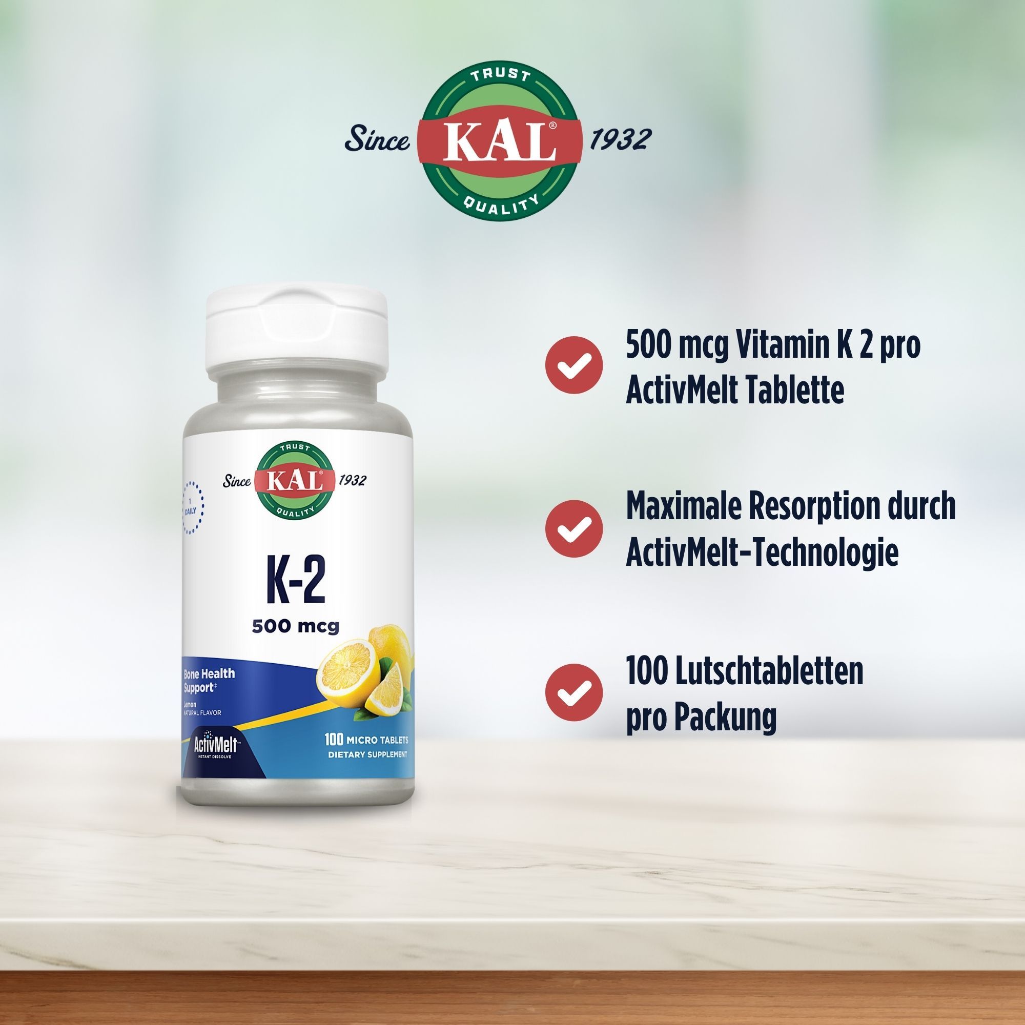 KAL K-2 500 mcg ActivMelt. Weiße Flasche mit gelbem Etikett. Text: 500 mcg Vitamin K 2, ActivMelt-Technologie, 100 Lutschtabletten.