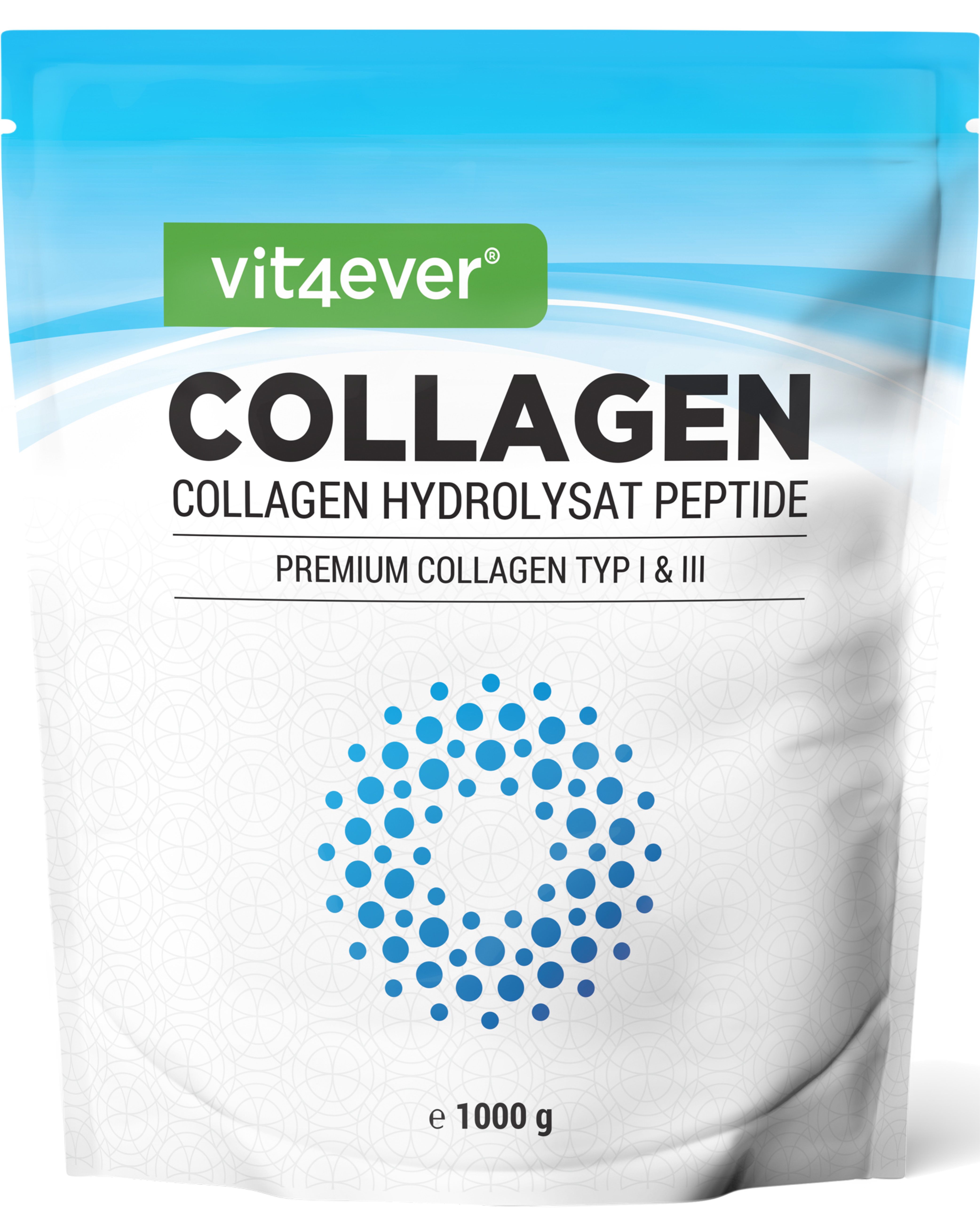 Beutel "vit4ever Collagen". Blau-weißes Design. Text: "COLLAGEN COLLAGEN HYDROLYSAT PEPTIDE PREMIUM COLLAGEN TYP I & III" und "e 1000 g".