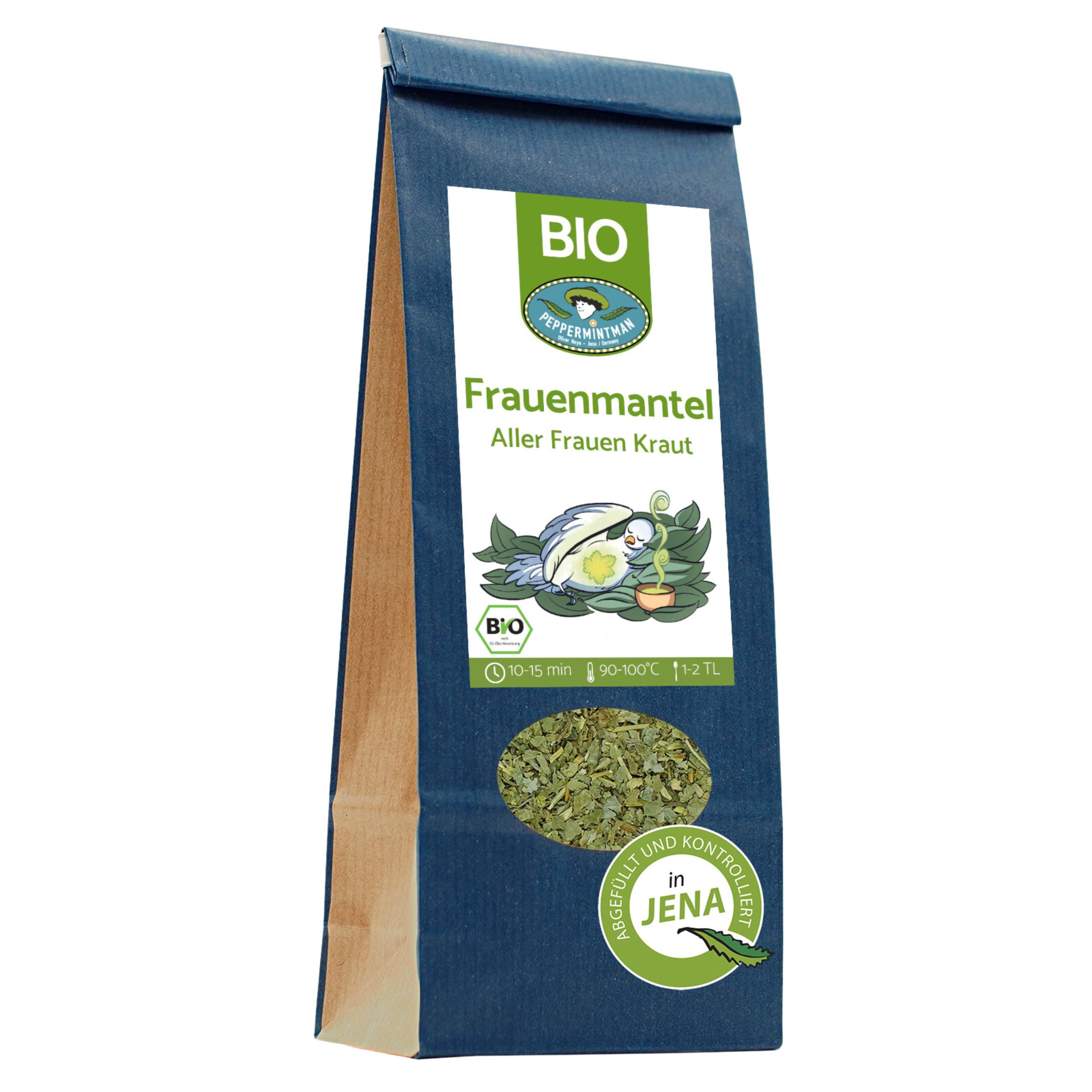 Blauer Beutel mit Aufdruck. BIO-Siegel und Text: Frauenmantel, Aller Frauen Kraut. Sichtfenster mit getrockneten Kräutern.