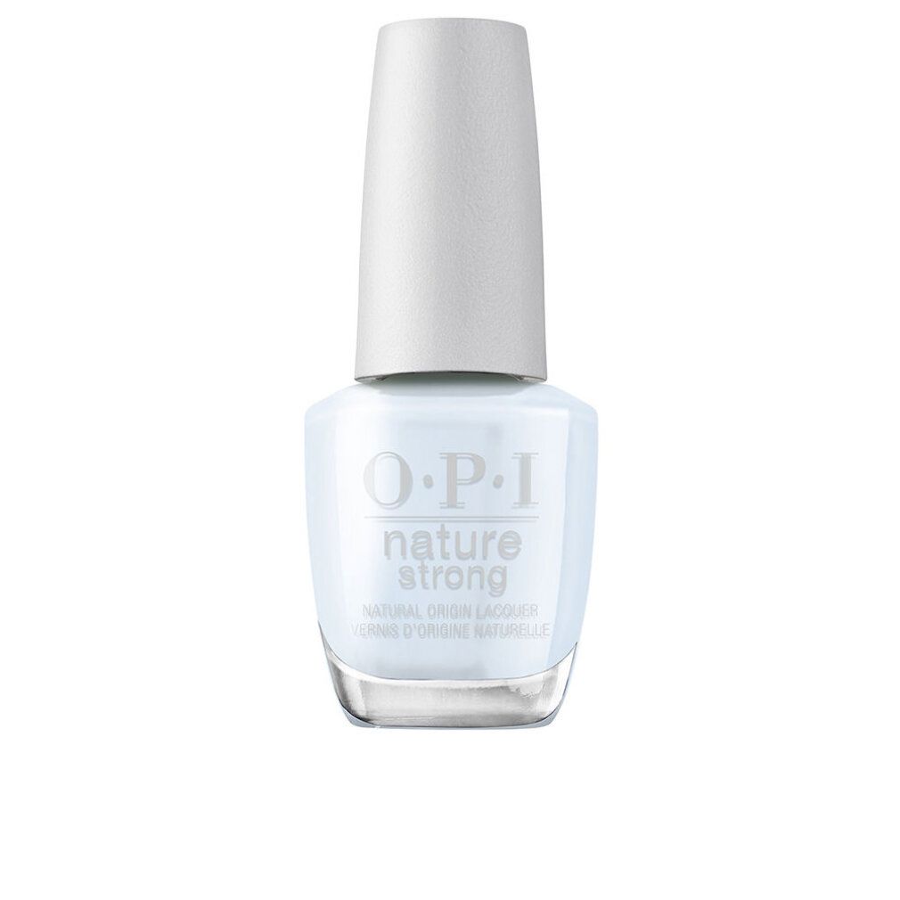Hellblauer Nagellackflakon mit weißem Deckel. OPI Nature Strong. Natürlicher Ursprung.