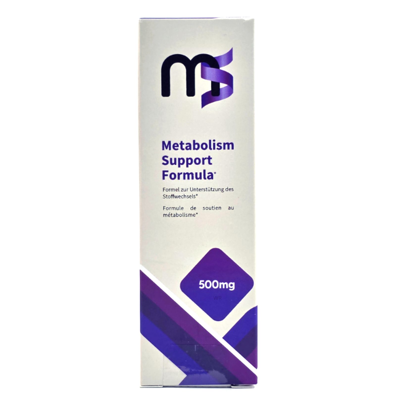 Weiße Schachtel mit lila Akzenten. Aufschrift: MS, Metabolism Support Formula, 500mg. Produktverpackung.